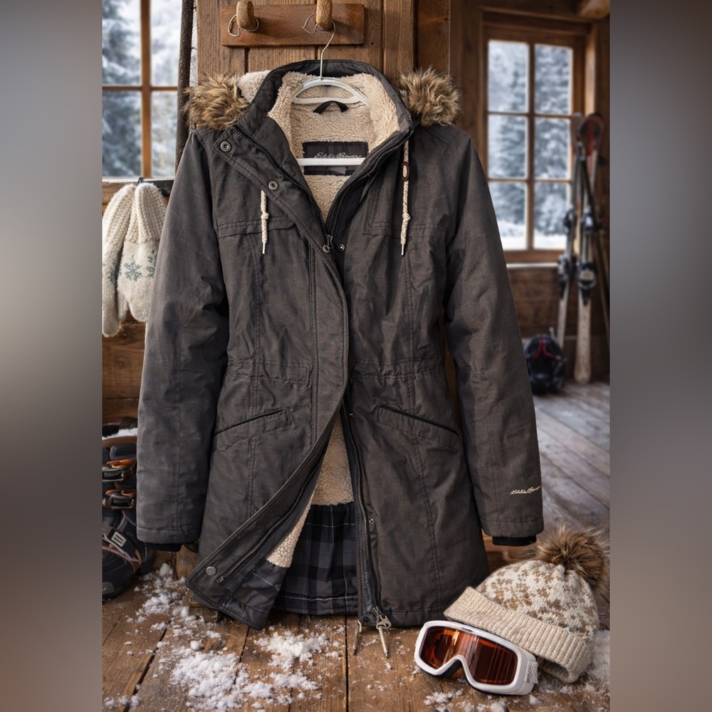 Eddie Bauer Dark Grey Parka Jacket Faux Fur Hood Sherpa Lined Size S